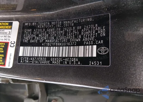 2019 Toyota Avalon Xse z USA, uszkodzony, nr VIN 4T1BZ1FBXKU016372